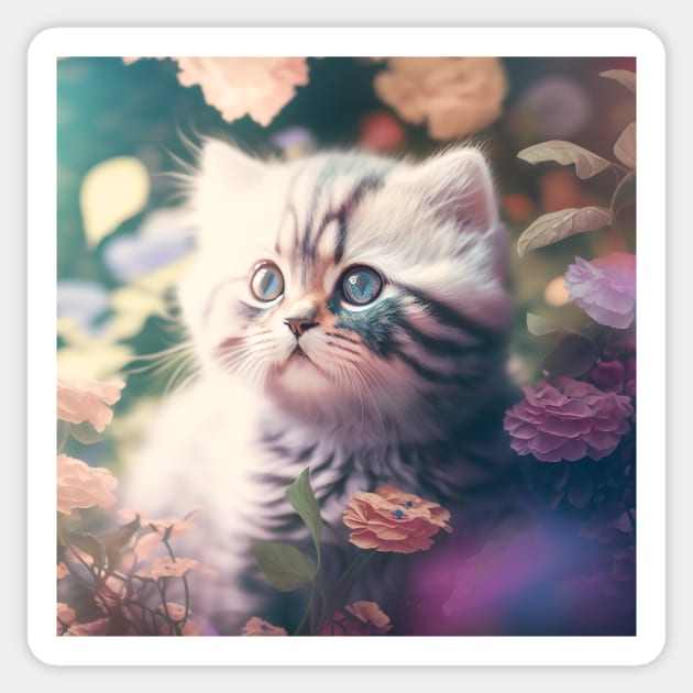 Cute Grey Kitten Floral Background | White, brown and grey cat with blue eyes | Digital art Sticker Sticker by withdiamonds